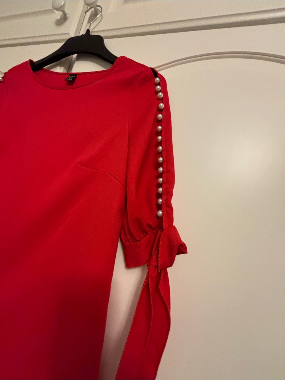 SHEIN Red Pearl-Trim Tie Cuff Dress